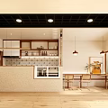 Modern Restaurant Featuring Open Kitchen Bar Counter White Brown Cabinets Wooden Flooring Artwork And Plants