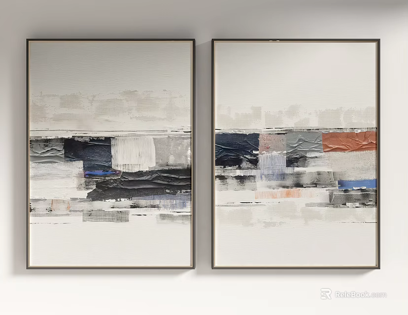 Two Piece Abstract Modern Wall Art With Gray White Blue Orange Hues 3d model 