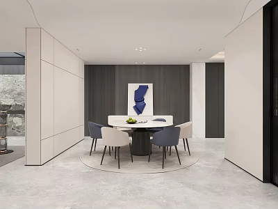 Modern Restaurant Interior With Round Dining Table Neutral Colored Chairs And Abstract Wall Painting 3d model