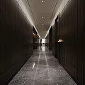 Modern Hotel Corridor With Dark Wood Panel Walls Recessed Ceiling Lights And Marble Flooring