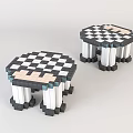 Stylish Octagonal Sofa Stools With Black And White Checkered Pattern Light Seat And Column Legs 3d model