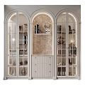 White Arched Display Cabinet With Glass Doors And Marble Background Decorative Items Books And Lighting