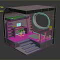 Cartoon Room Interior Scene With Desk Laptop Ladder Round Mirror Plant And Stairs