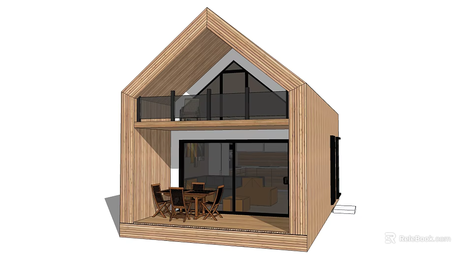 Modern Wooden Detached Villa With Two Story Balcony And Terrace Table Chairs 3d model 