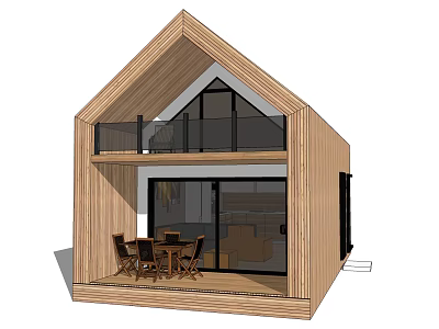 Modern Wooden Detached Villa With Two Story Balcony And Terrace Table Chairs 3d model