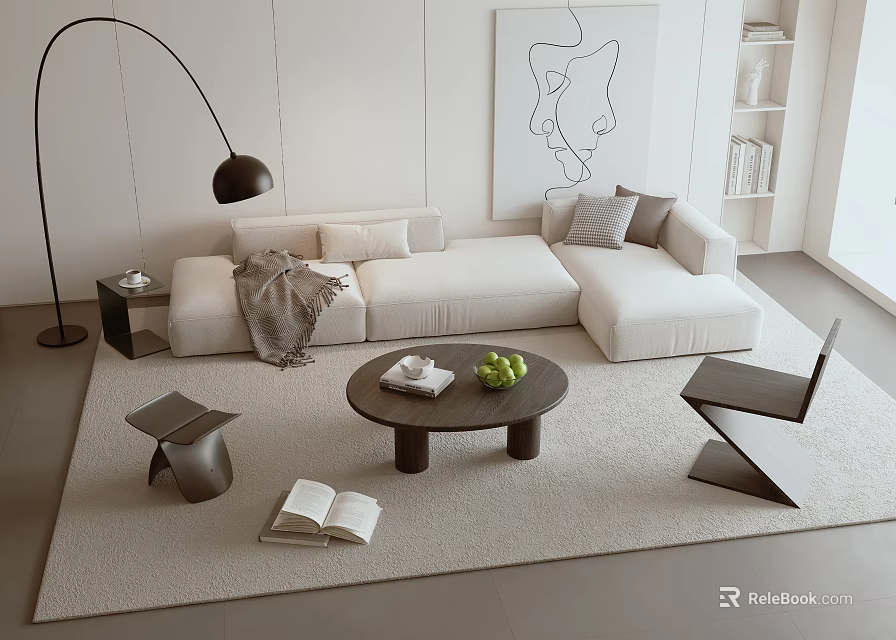 Modern Living Room Sofa and Coffee Table Set With Pillows Throw Blanket and Floor Lamp 3d model 