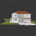 Cartoon Scene of House with Red Roof White Walls Swimming Pool Lawn and Patio Area