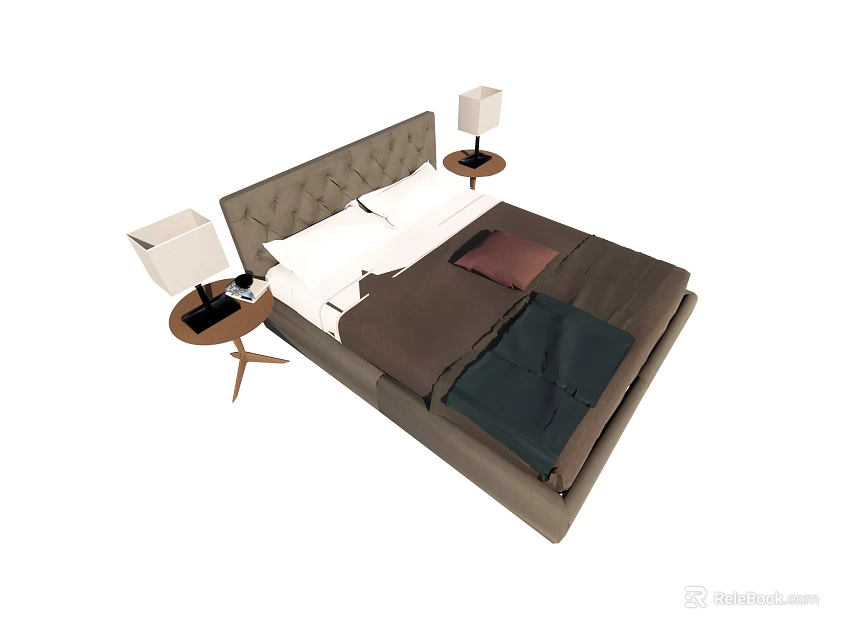 Double Bed with Upholstered Headboard Bedside Tables White Table Lamps and Brown Green Bedding 3d model 