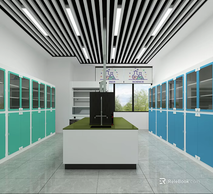 Modern Laboratory Interior With Green Blue Cabinets Central Bench Ceiling Strip Lights And Windows 3d model 