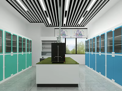 Modern Laboratory Interior With Green Blue Cabinets Central Bench Ceiling Strip Lights And Windows 3d model