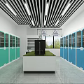 Modern Laboratory Interior With Green Blue Cabinets Central Bench Ceiling Strip Lights And Windows