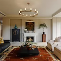 Modern Living Dining Room Interior With Leather Sofa Area Rug And Decorative Artwork