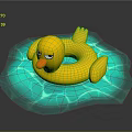Yellow Duck Shaped Inflatable Swimming Ring With Orange Beak And Feet Floating On Water Surface