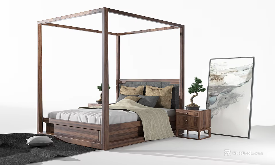 Wooden Four Poster Double Bed With Pillows Blanket Nightstand And White Interior 3d model 