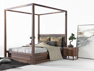 Wooden Four Poster Double Bed With Pillows Blanket Nightstand And White Interior 3d model