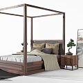 Wooden Four Poster Double Bed With Pillows Blanket Nightstand And White Interior