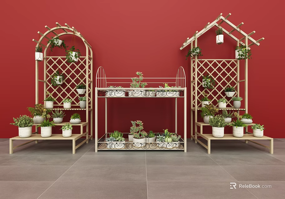 Bonsai and Potted Plants on Decorative Shelves Against Red Wall with Arch and House 3d model 