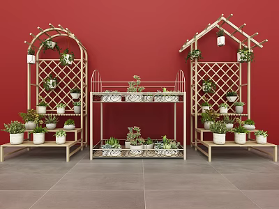 Bonsai and Potted Plants on Decorative Shelves Against Red Wall with Arch and House 3d model