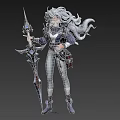 Woman With Silver Hair And Horns In Blue White Outfit Holding Spear With Blue Gem