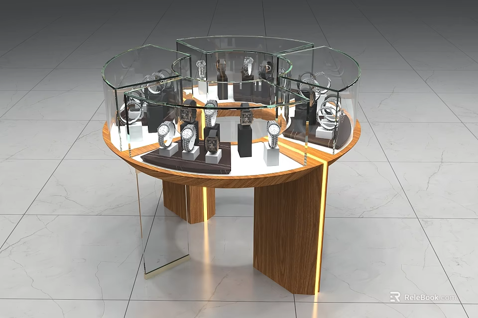 Circular Glass Display Cabinet For Watches With Wooden Base And Illuminated Design 3d model 