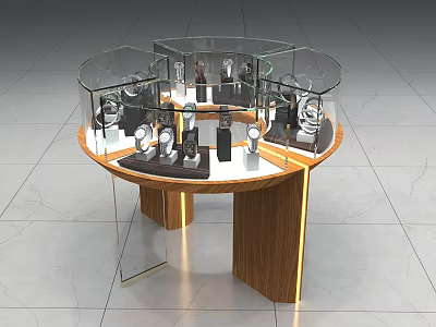 Circular Glass Display Cabinet For Watches With Wooden Base And Illuminated Design 3d model