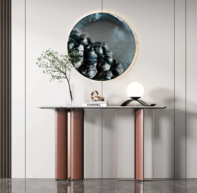 Modern Console Table with Circular Mirror Green Plant Table Lamp and Decorative Accents 3d model