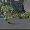 Lush Tropical Living Plant Wall Design With Circular Platforms And Smooth Gray Floor