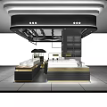 Modern Exhibition Booth Design With Black Gold Lighting And Tiered Display Shelves