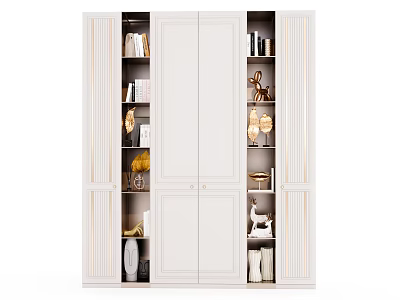 Elegant White Bookcase With Multiple Shelves Holding Books Golden Sculptures And Vases 3d model