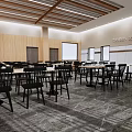 Birds Eye View Of Modern Meeting Room Interior With Rectangular Tables Chairs And Carpeted Floor