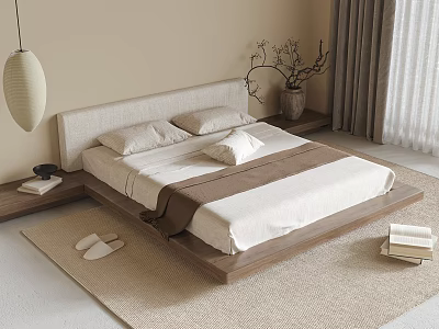 Modern Minimalist Double Bed with Upholstered Headboard Wooden Frame Bedding Nightstand and Pendant Light 3d model