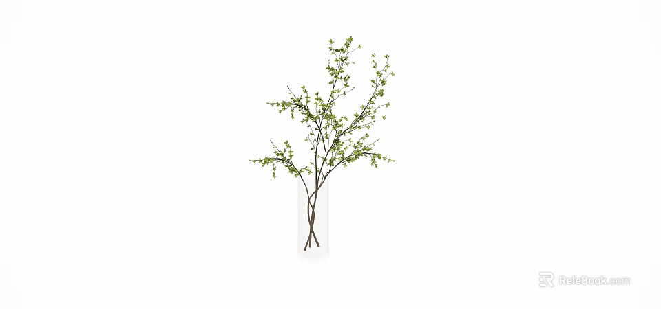 Transparent Glass Vase With Brown Branches And Small Green Leaves For Home Decor 3d model 