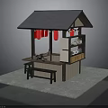 Traditional Japanese Street Stall Design With Black Roof Red Lanterns Counter And Stools