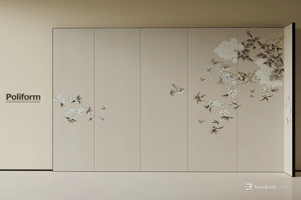 Decorative Room Divider Screen With Floral And Bird Patterns On Light Background 3d model 