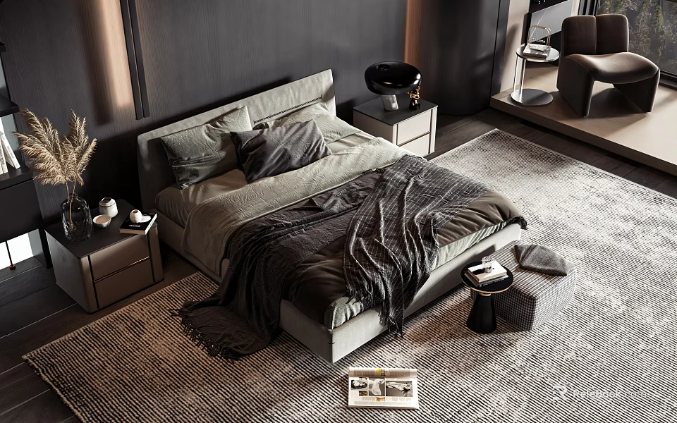 Modern Luxury Double Bed In Gray Tones With Bedside Tables Rug And Decorative Items 3d model 