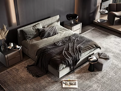 Modern Luxury Double Bed In Gray Tones With Bedside Tables Rug And Decorative Items 3d model