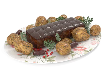 Roasted Meat Loaf with Herbed Potatoes and Red Berries on Floral Pattern White Plate 3d model