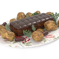 Roasted Meat Loaf with Herbed Potatoes and Red Berries on Floral Pattern White Plate