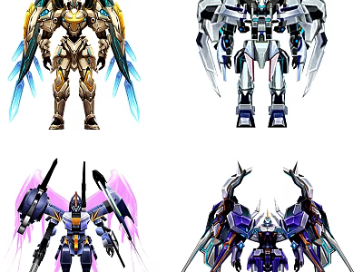 Sci Fi Robot Characters With Colorful Mechanical Wings And Armor Designs 3d model