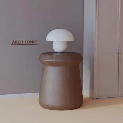 Wooden Side Table With White Mushroom Shaped Lamp And Light Colored Cabinet Against Gray Wall 3d model