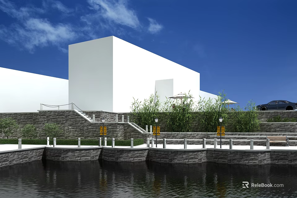 Modern Garden Landscape With White Building Stone Steps Waterfront Railing Green Plants And Blue Sky 3d model 