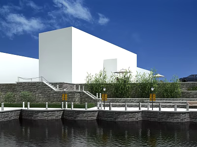 Modern Garden Landscape With White Building Stone Steps Waterfront Railing Green Plants And Blue Sky 3d model