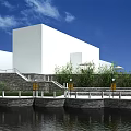 Modern Garden Landscape With White Building Stone Steps Waterfront Railing Green Plants And Blue Sky