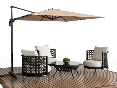 Outdoor Chairs with Black Frame White Cushions Woven Design on Wooden Deck and Patio Umbrella 3d model
