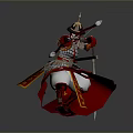 Man in Ancient Armor Wearing Red Robe With Golden Decorations Holding Bow and Sword