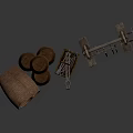 Vintage Agricultural Equipment with Wooden Tool Rack Hanging Tools Clay Pots and Crate