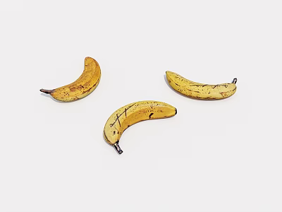 Three Ripe Yellow Bananas with Black Spots on Clean White Background 3d model