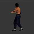 Man Performing Martial Arts Action In Black Vest And Blue Pants Against Gray Background