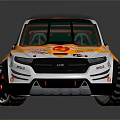 Sporty Race Car With White Yellow Orange Design Rear Spoiler Flash Drama And Sponsor Logos