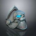 Weapon Helmet With Skull Design Glowing Blue Eyes Mechanical Details And Metallic Texture